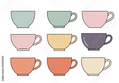 Colorful Pastel Cups and Mugs Collection in Simple Outline Vector Style on White Background