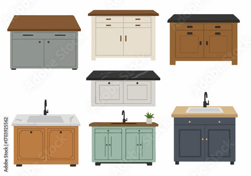 Various Kitchen Island and Cabinet Designs with Sinks, Flat Style Illustration for Home Decor and Interior Design.