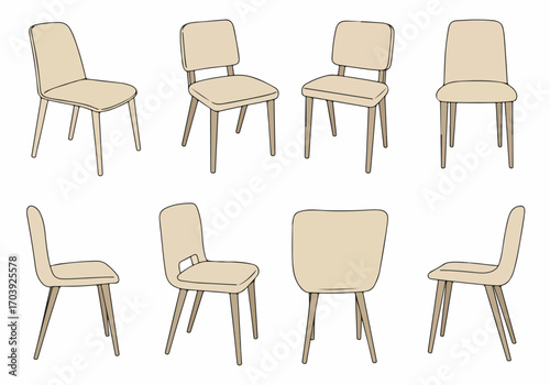 Set of modern minimalist beige chairs, illustrated from various angles, perfect for dining rooms or office interior design projects.