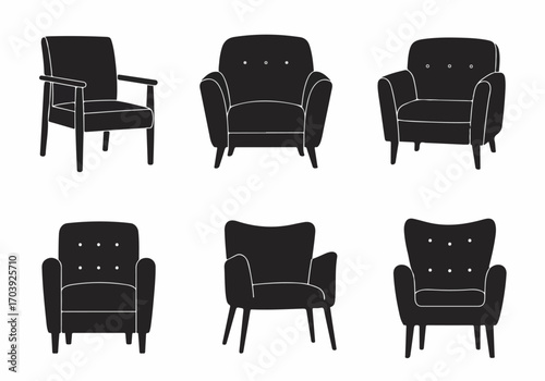 Collection of Six Black Armchair Silhouettes Illustrating Various Modern and Classic Furniture Styles for Home and Office Interior Design.