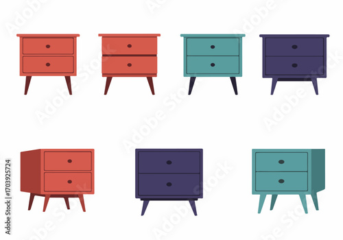Collection of stylish modern nightstands and bedside tables in various colors and designs, perfect for contemporary bedroom furniture and home decor.