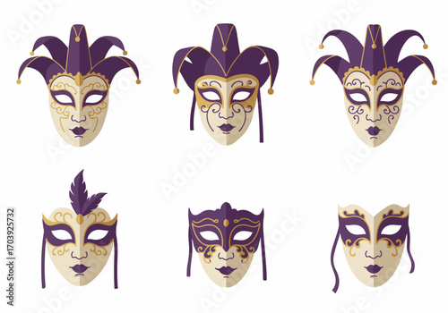 Collection of Six Flat Design Venetian Carnival Masks in Purple, Gold, and Cream, featuring Jester and Traditional Styles for Festive Celebrations.