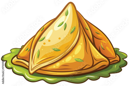 Delicious Samosa on a Green Plate Artistic Food Illustration Featuring Crispy Fried Pastries and Fresh Herbs