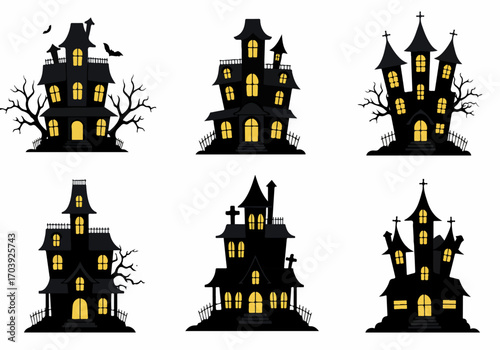 Set of six spooky haunted house silhouettes with glowing windows, bats, and eerie trees for Halloween designs.