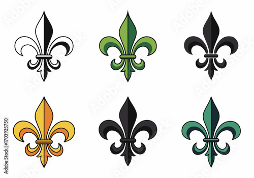 Set of Six Fleur de Lis Symbols in Various Styles and Colors: Classic Black and White, Green, Gold, and Modern Flat Designs, Ideal for Heraldic or Decorative Use
