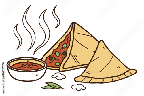 Delicious Samosas on a Green Plate Artistic Food Illustration Featuring Crispy Fried Pastries and Fresh Herbs