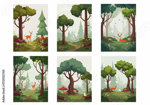 Magical Forest Illustrations with Deer and Mushrooms, a Charming Vector Collection of Nature Scenes and Woodland Wildlife.