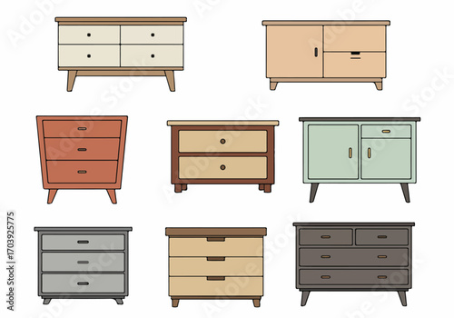 Vector collection of stylized furniture, including dressers, cabinets, and nightstands in various colors and styles, isolated on a white background.