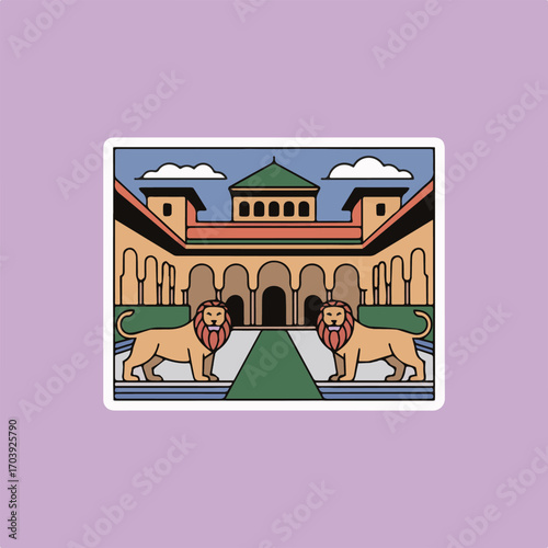 Stylized illustration of the alhambra palace courtyard with lion statues, showcasing moorish architecture and cultural heritage in a sticker style