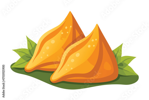 Delicious Samosas on a Green Plate Artistic Food Illustration Featuring Crispy Fried Pastries and Fresh Herbs