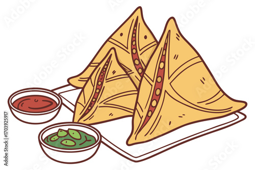 Delicious Samosas on a Green Plate Artistic Food Illustration Featuring Crispy Fried Pastries and Fresh Herbs