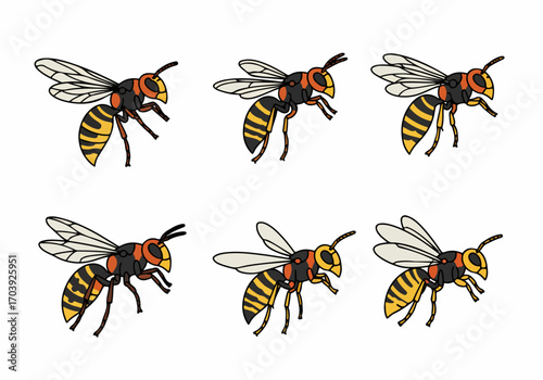 Cartoon Hornet Illustrations Collection: A Set of Six Flying Wasps with Black and Yellow Stripes on a White Background.