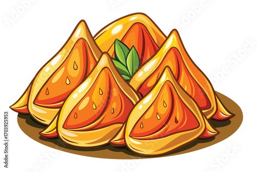 Delicious Samosas on a Green Plate Artistic Food Illustration Featuring Crispy Fried Pastries and Fresh Herbs