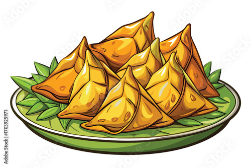 Delicious Samosas on a Green Plate Artistic Food Illustration Featuring Crispy Fried Pastries and Fresh Herbs