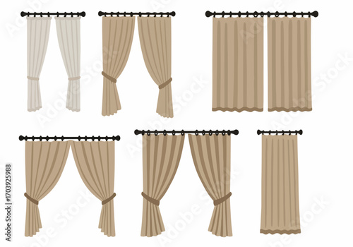 Collection of diverse curtain styles and drapes in neutral beige and white tones, featuring open, closed, and tied-back designs on a decorative rod, ideal for interior decor concepts.