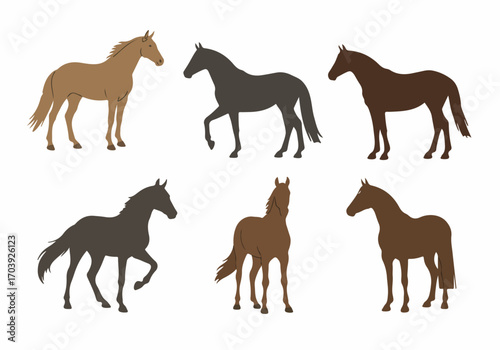 Collection of Six Stylized Horse Silhouettes in Various Poses, Illustrating Different Gaits and Colors on a Clean White Background.