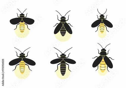 Set of Glowing Firefly Illustrations in Simple Flat Design, Perfect for Summer Nights and Nature Themes