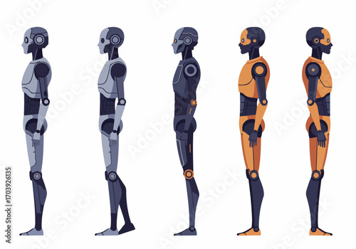 Diverse Humanoid Robot Designs: A Series of Flat Illustration Profiles Showcasing Modern Android Figures in Grey, Blue, and Orange Hues.