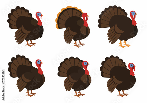 Collection of Six Cartoon Turkeys with Brown Feathers, Red Heads, and Blue Details, Ideal for Thanksgiving and Autumn Season Designs on White Background