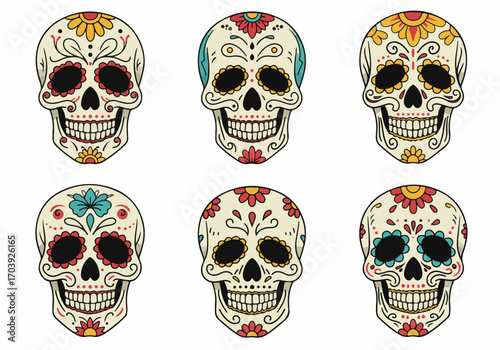 Collection of Six Colorful Day of the Dead Sugar Skulls with Traditional Mexican Floral and Swirl Decorations on White Background, Perfect for Festive Holiday Celebrations.