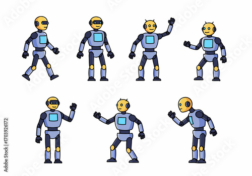 Six friendly cartoon robots in various poses: walking, standing, and waving. A versatile collection of modern artificial intelligence characters for technology and future concepts.
