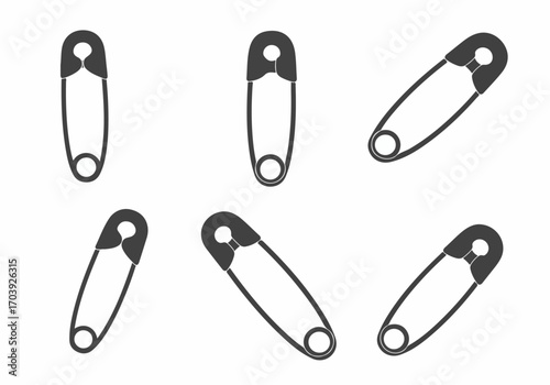 Set of black safety pin icons in various orientations, a useful vector illustration for sewing, craft, baby, or clothing related designs on a white background.