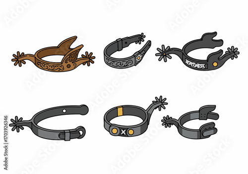 A collection of six detailed illustrations of various horse spurs, featuring Western-style designs and different metallic finishes, perfect for equestrian themes.