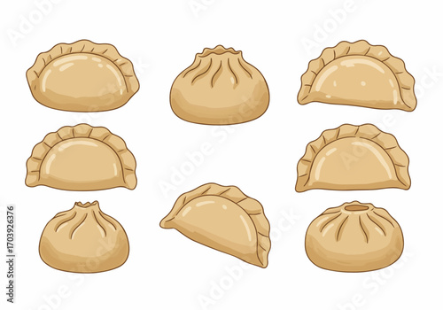 Collection of cartoon illustrations featuring various types of Asian and international dumplings like gyoza, potstickers, and steamed buns on a white background.