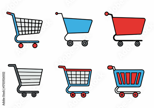 Collection of Colorful Shopping Cart Icons for E-commerce and Retail Design, Web, and Mobile Applications