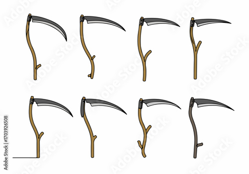 Collection of cartoon scythe illustrations, depicting various hand-drawn farming tools or Grim Reaper blades on a white background.