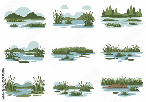 Collection of Stylized Wetland and Swamp Landscapes with Reeds and Aquatic Plants, Vector Illustrations of Natural Environment Scenes