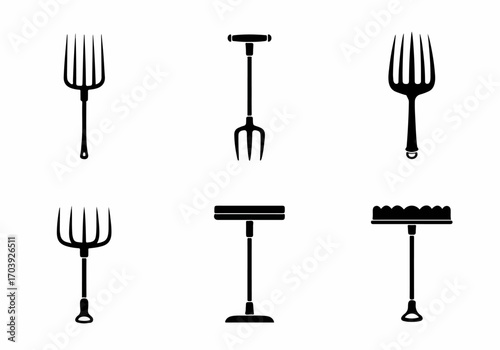 Collection of black silhouette gardening tools, including various pitchforks, garden forks, a hoe, and a rake, on a clean white background, perfect for agricultural and landscaping themes.
