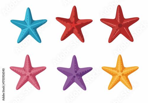 Vibrant collection of colorful starfish illustrations, featuring blue, red, pink, purple, and orange sea stars in a charming, playful design perfect for summer themes.