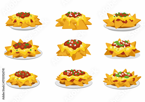 Vector illustration set of nine plates of delicious nachos, loaded with melted cheese, spicy salsa, and fresh green toppings, perfect as a snack or appetizer.