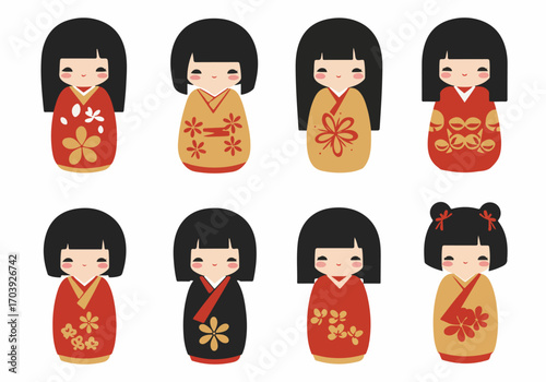 Cute Kokeshi Dolls Vector Illustration Set. Traditional Japanese Wooden Doll Characters in Kimonos with Floral Patterns, Isolated on White Background. Asian Culture and Craft.