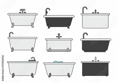 Flat Design Bathtub Icons Collection: A Variety of Modern and Classic Bathroom Tubs with Faucets and Bubbles on White Background for Home and Hotel Concepts.