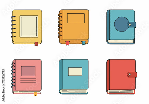 Collection of colorful illustrated notebooks and journals in a flat design style, featuring various bindings, covers, and bookmarks on a white background.