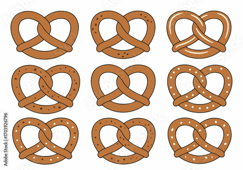 Vector illustration of cartoon pretzels with various toppings including salt and seeds, isolated on a white background, ideal for bakery, snack, and Oktoberfest designs.