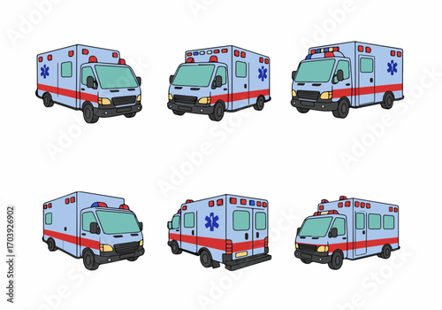 Collection of cartoon ambulances in various views, depicting emergency medical services and rescue vehicles for healthcare and urgent situations.