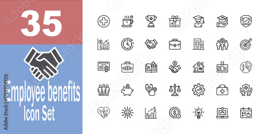 Employee benefit icons set. Related to teamwork, insurance, Bonus, pension, Security. Line icon collection