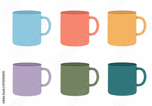 Collection of Six Simple, Flat Design Mugs in Various Pastel and Earthy Colors, Isolated on White Background for Beverages
