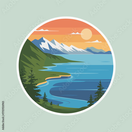 A scenic vector landscape illustration featuring a serene lake surrounded by mountains and forests, set against a vibrant sunset sky in a circular frame