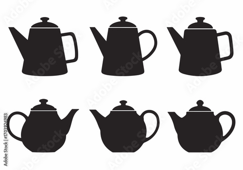 Minimalist black silhouettes of teapots and coffee pots, offering a range of classic kitchenware designs isolated on white.