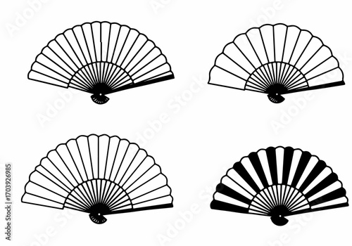 Minimalist black and white folding fan illustrations, showcasing traditional Asian culture and design in a versatile graphic collection.