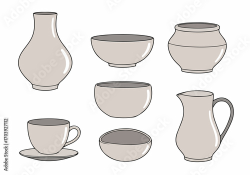 Minimalist vector illustration set of neutral beige ceramic pottery: vase, bowls, teacup, and pitcher, on a white background.