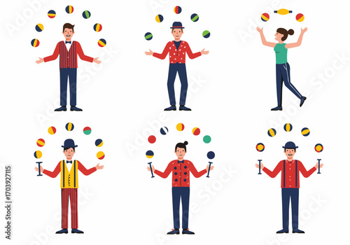 Flat design illustration of diverse characters juggling colorful balls and clubs, representing entertainment, skill, and circus performances.