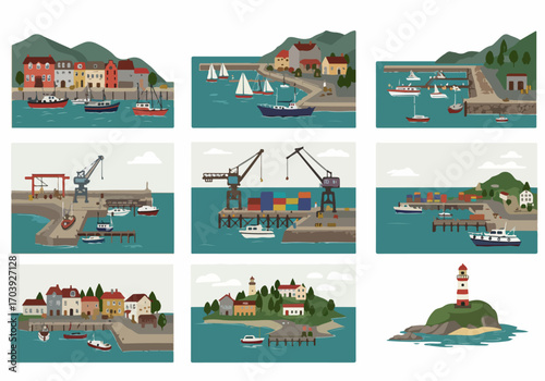 Collection of vibrant flat design illustrations showcasing picturesque coastal towns, busy harbors with boats, industrial ports, and a serene lighthouse.