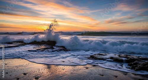 Waves Crashing on Rocky Shore at Sunset.