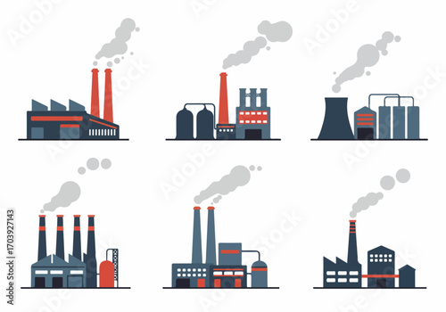 Flat design vector icons of industrial factories emitting smoke, depicting environmental pollution and manufacturing processes.