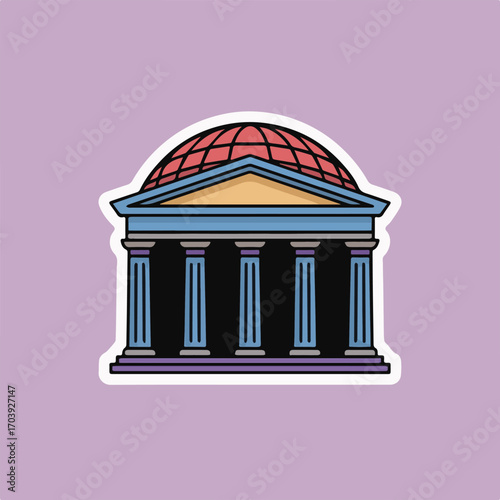 A vector illustration of a classical building with columns and a dome, rendered in a sticker style with a white outline, set against a soft purple background
